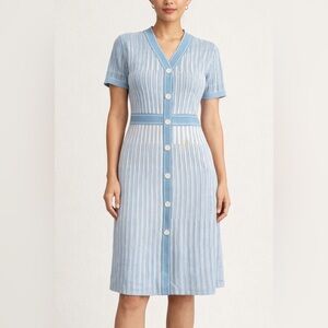 Ming Wang Blue & White Knit Button-Front Dress | Size M
